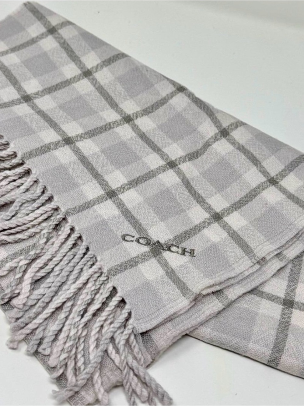 New COACH Reversible Grey Signature Fringe Scarf